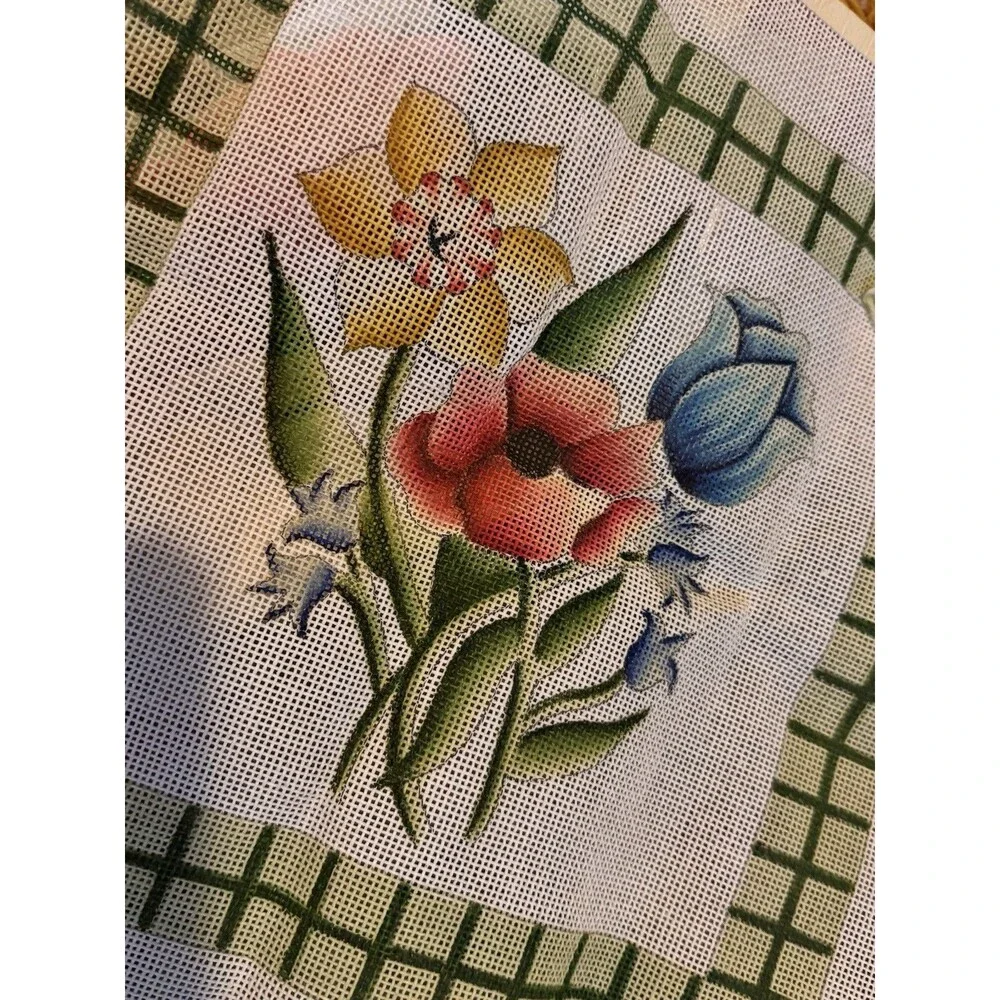 Vintage 90s Hand Painted Needlepoint Canvas Glorious Floral READ